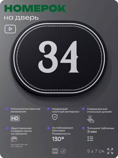Номерок на дверь квартиры 34, для кабинета, офиса, шильдик 9 х 7 см, черный, Айдентика Технолоджи