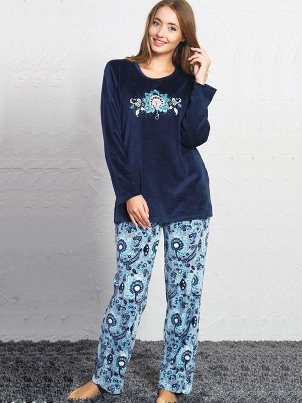 Оригинальный велюровый комплект с прямыми брючками (Размер: L) (Цвет: синий с голубым)