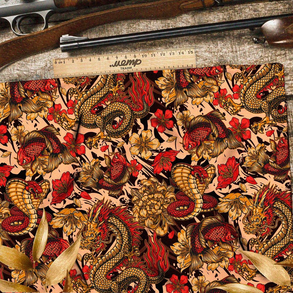 Ткань шифон красные кобры и золотые цветы