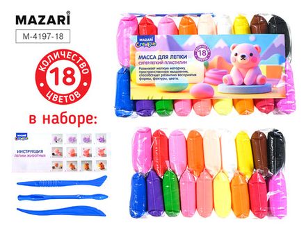 Пластилин легкий 18 цвета Mazari, 216 гр, прозр.упаковка