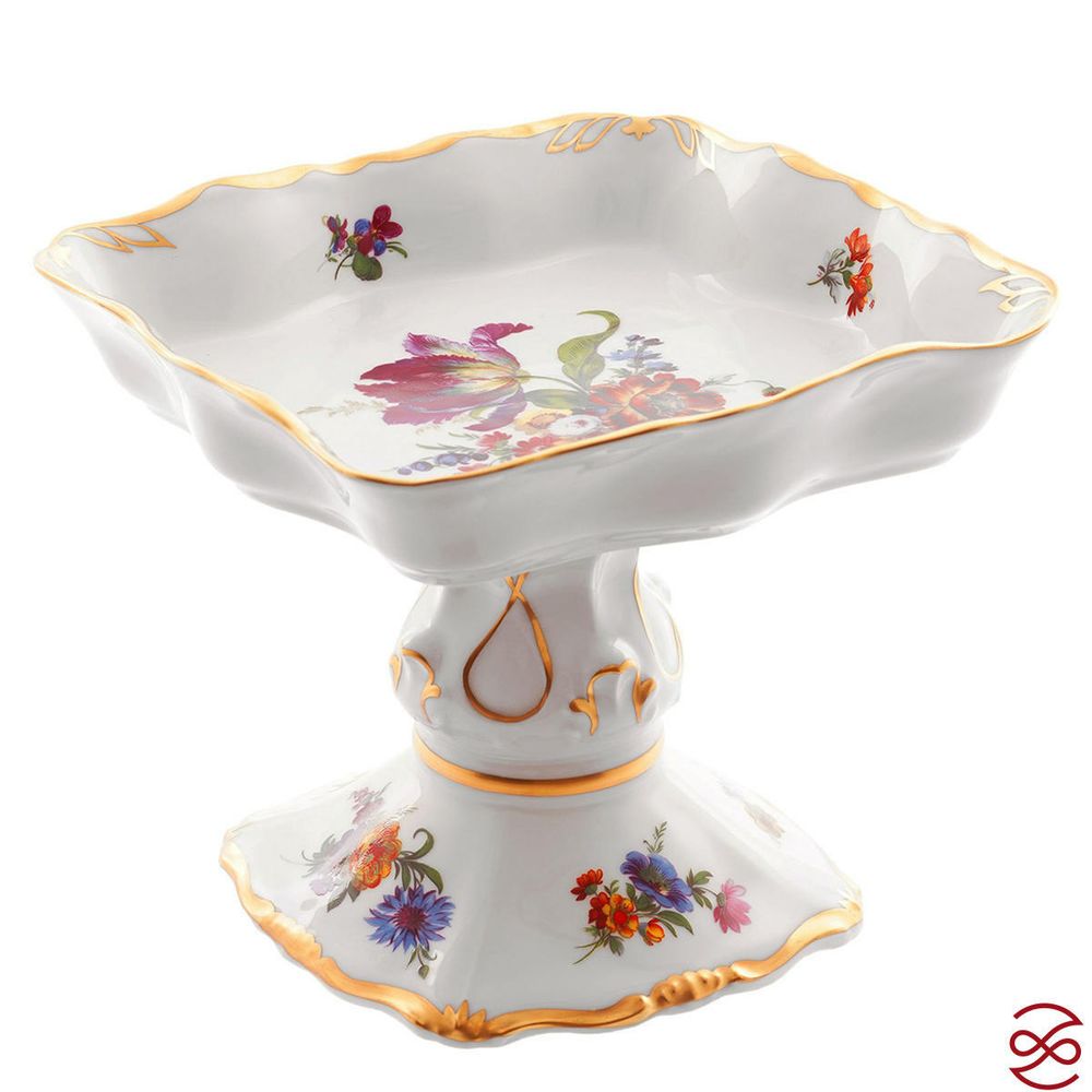 Салатник квадратный на ножке Queen's Crown Мейсенский букет 19см
