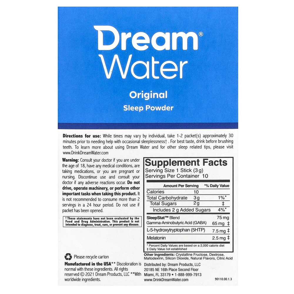 Dream Water, снотворное, сонная ягода, 10 стиков, весом 3 г каждый