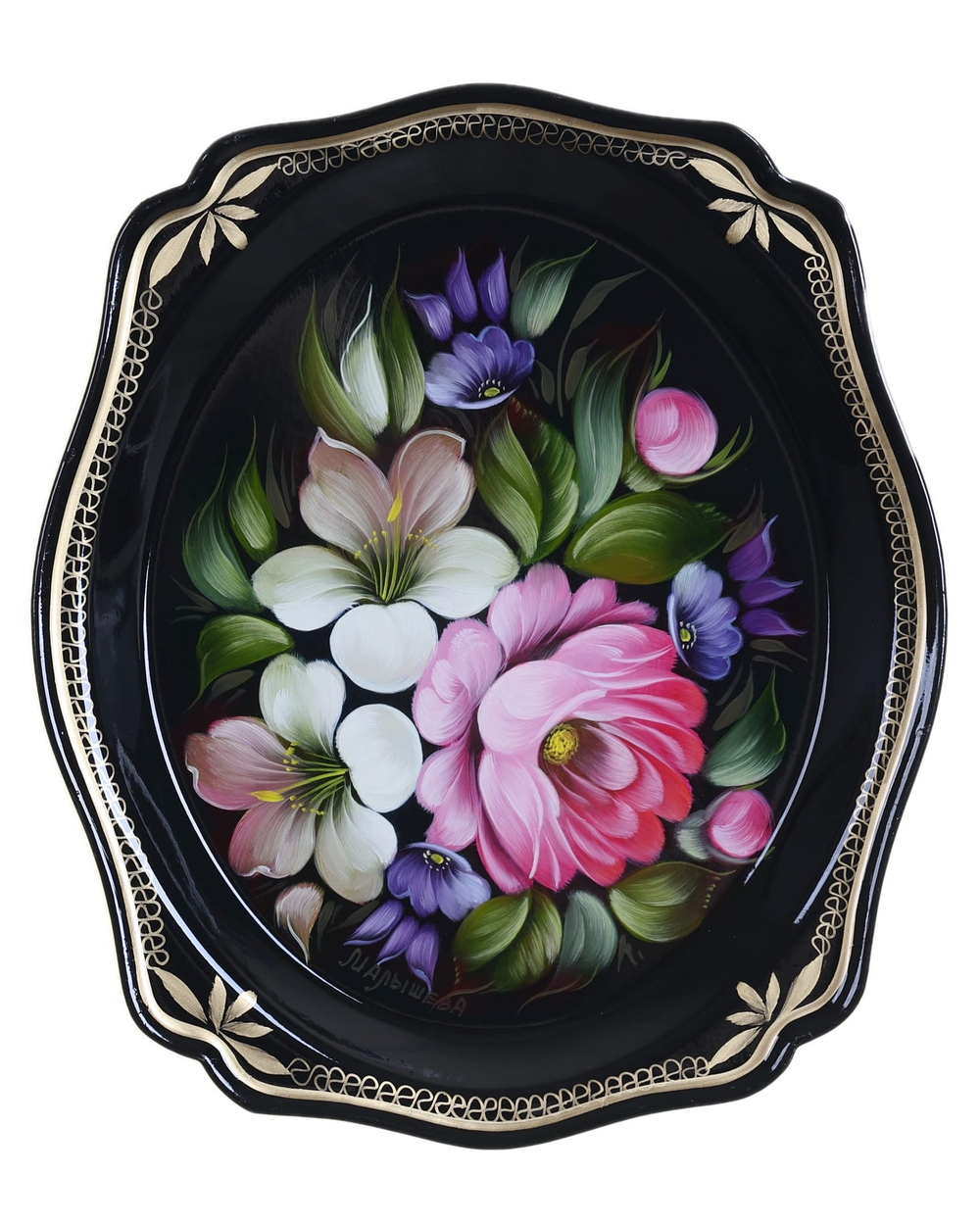 Жостовский поднос декоративный, размер 20х17 см (A3), металлический