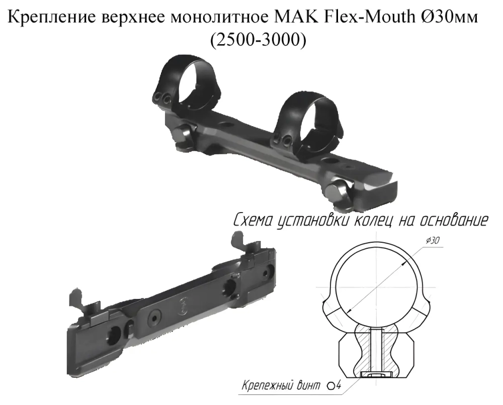 Крепление МАК верхнее монолитное для прицелов 30мм(2500-3000) - схема установки, черный цвет