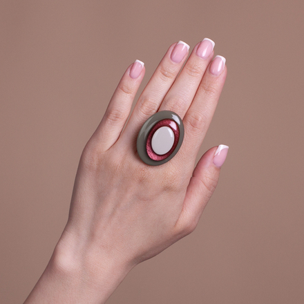 Кольцо Объёмное - Тройной Овал - Хаки и Розовое Шампанское