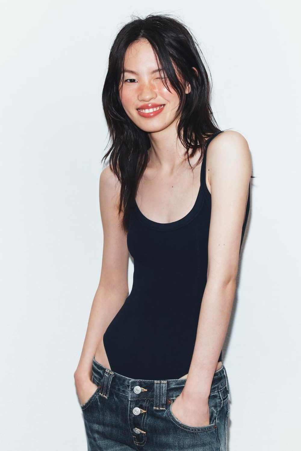 ZARA БОДИ ИЗ ХЛОПКА НА БРЕТЕЛЯХ, МОРСКОЙ СИНИЙ