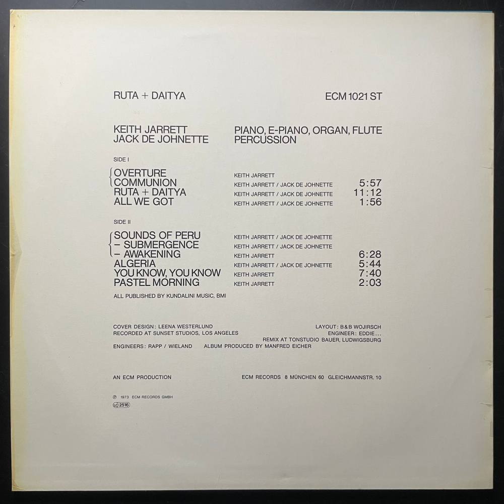 Keith Jarrett / Jack DeJohnette ‎– Ruta And Daitya (Германия 1973г.) ECM