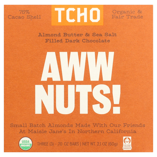 TCHO, Aww Nuts!, темный шоколад с миндальной пастой и морской солью, 75% какао-шелухи, 3 батончика по 0,70 унции