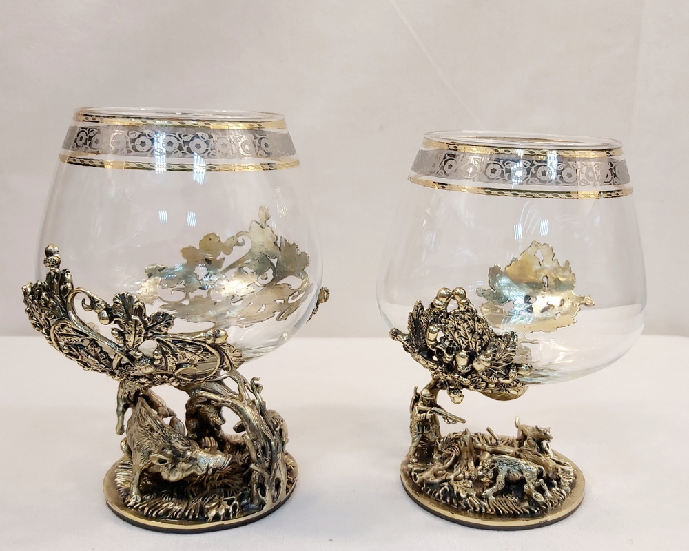 Набор из 2-х бокалов для коньяка "Охота на вепря и Охота на кабана" (подарочный футляр)