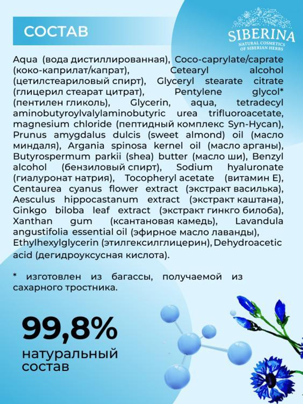 Антивозрастной гиалуроновый крем для контура вокруг глаз Siberina с пептидным комплексом против возрастных морщин, 30 мл