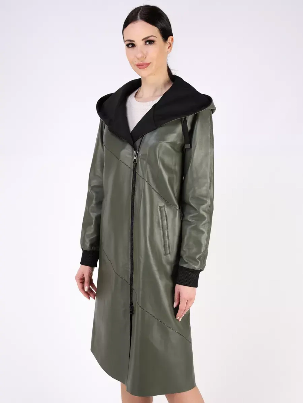 Кожаный плащ длинный с капюшоном пальто