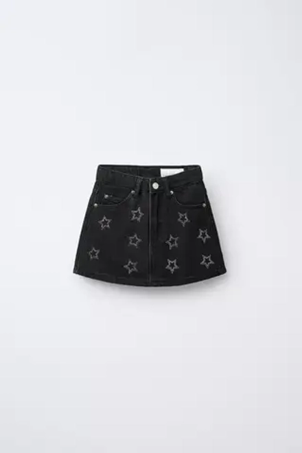 ZARA ДЖИНСОВАЯ ЮБКА СО ЗВЕЗДАМИ И БЛЕСТКАМИ, ЧЕРНЫЙ