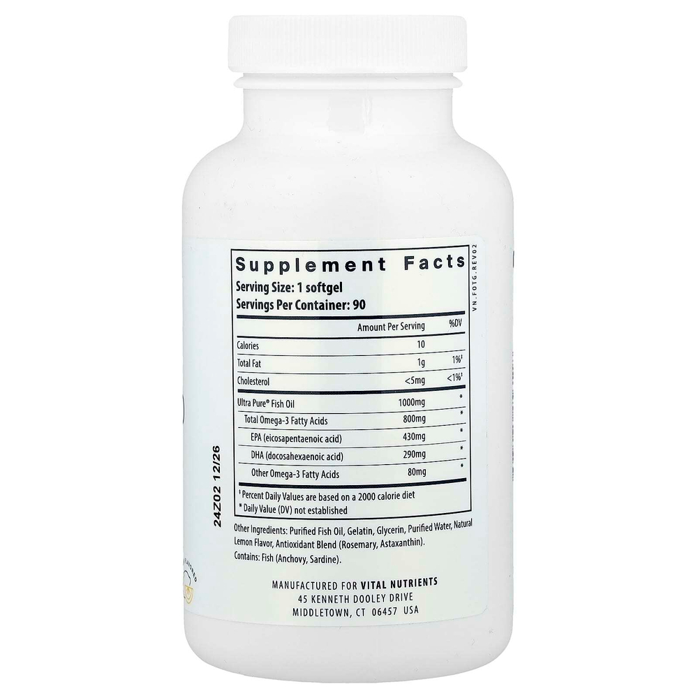 Vital Nutrients, Ultra Pure® Omega-3, рыбий жир 800, лимон, 90 мягких таблеток