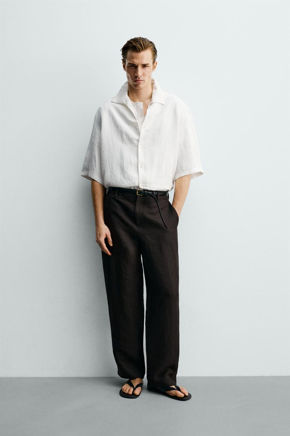 ZARA ЖАККАРДОВАЯ РУБАШКА BOXY FIT В ПОЛОСКУ, БЕЛЫЙ