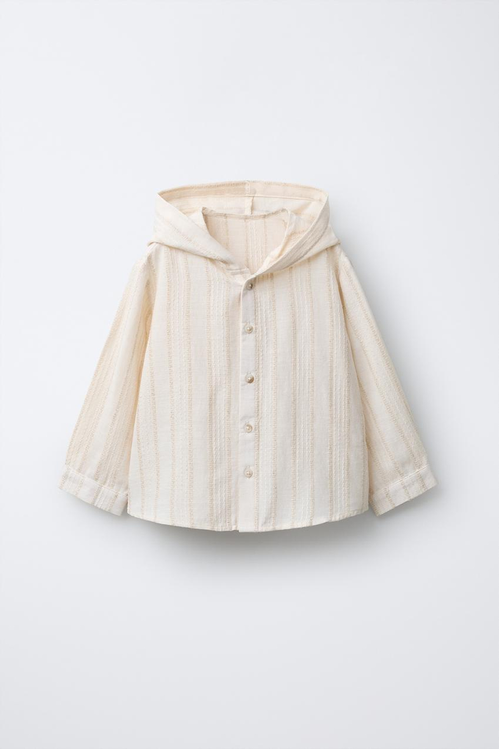 ZARA КУРТКА-РУБАШКА В ПОЛОСКУ С КАПЮШОНОМ, ЭКРЮ