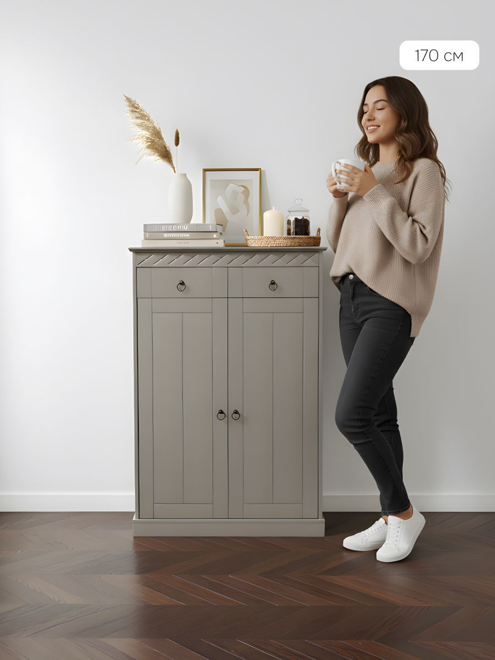 Тумба Индра 118.5x78.8x36.5, серая из МДФ, с ящиками, Dipriz