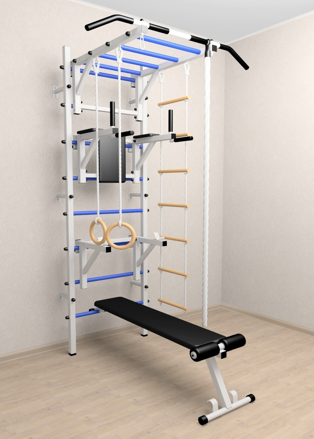 Шведская стенка Sv Sport 527 (Турник рукоход/Брусья/Стойка/Скамья/Канат/Кольца/Лестница)