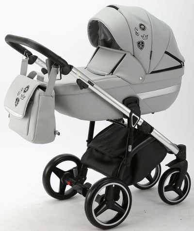 Детская коляска Adamex Cortina Deluxe 3 в 1 CT304 (СВ. СЕР.КОЖА+СЕРЕБ.ОТДЕЛКА+ ХРОМ РАМА)