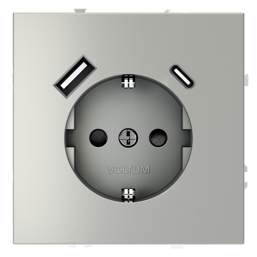 Розетка встраиваемая VOLTUM S70 с заземлением и защитными шторками, 16А, с USB, A+С, (сталь)