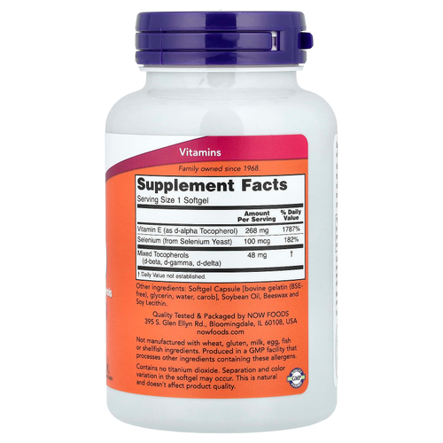 NOW Foods, E-400 D-альфа со смешанными токоферолами, 100 мягких таблеток