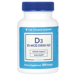 The Vitamin Shoppe, Витамин D3, 25 мкг (1000 МЕ), 200 мягких таблеток