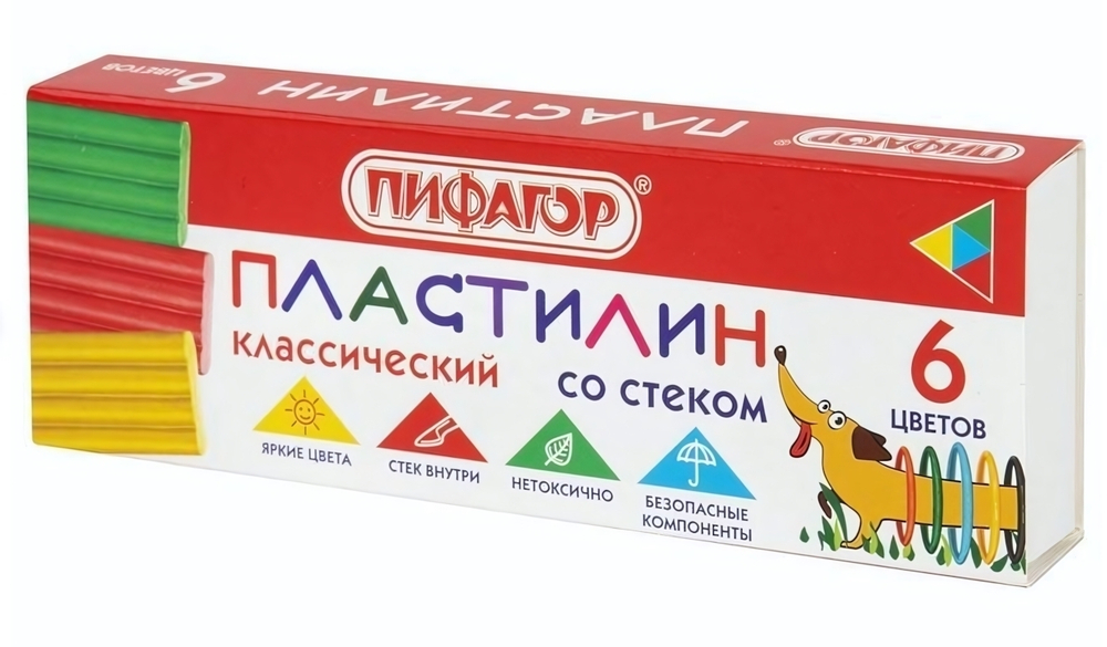 Пластилин классический 6 цветов 90г,со стеком "Веселая такса" (ПИФАГОР)