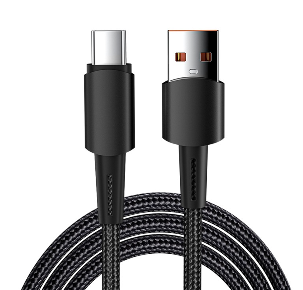 Кабель USB-A Type-C 6A 120Вт 1м в черной нейлоновой оплетке