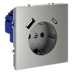 Розетка встраиваемая VOLTUM S70 с заземлением и защитными шторками, 16А, с USB, A+С, (сталь)