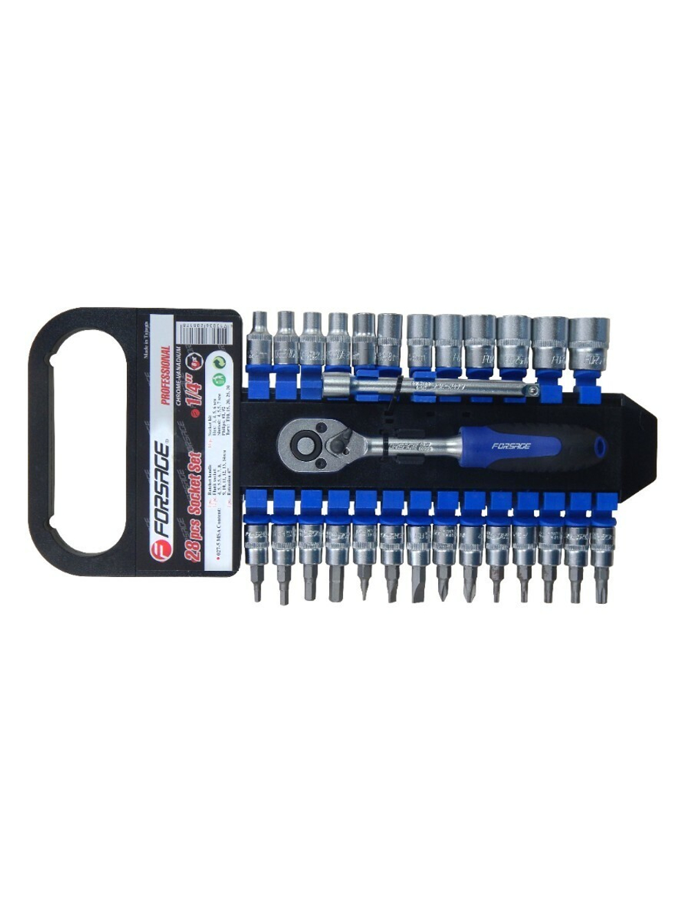 Набор головок и бит с трещоткой 28пр. 1/4''(4-14мм, Torx:T10-T30, Hex:3-6мм,SL:4,5.5,7мм, PH1,2),в пластиковом держателе Forsage F-027-5 MSA