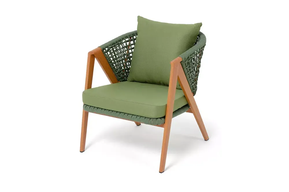 "Амстердам" кресло плетеное из роупа, каркас алюминий, роуп зеленый круглый, ткань зеленая