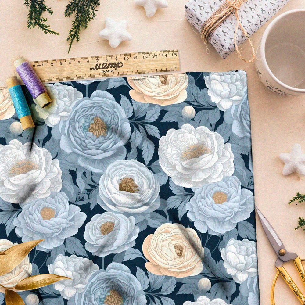 Ткань Ниагара Софт пастельные пионы на темном фоне