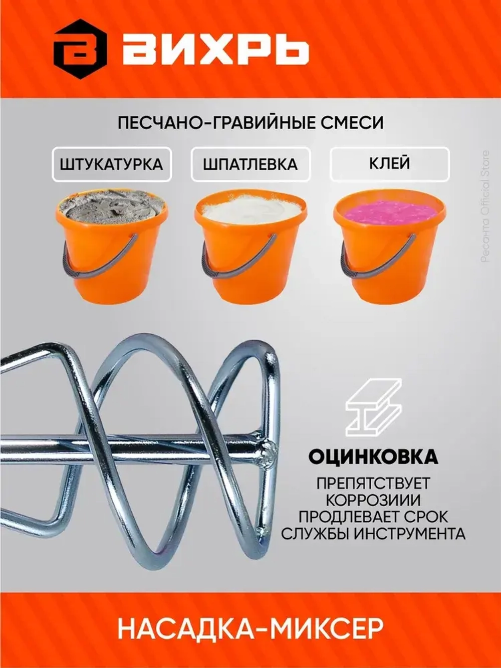 Насадка - миксер оцинкованная для краски, сухой смеси 400х80 мм под перфоратор SDS+ Вихрь