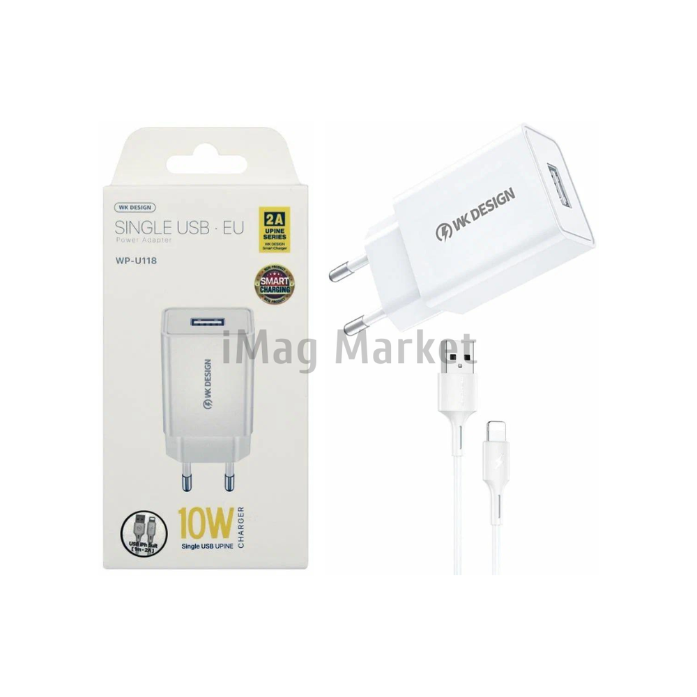 Сетевое зарядное устройство WK Kingkong WP-U118i, 1 USB-A, 10W, 2A + кабель Lightning, 1 м, белый