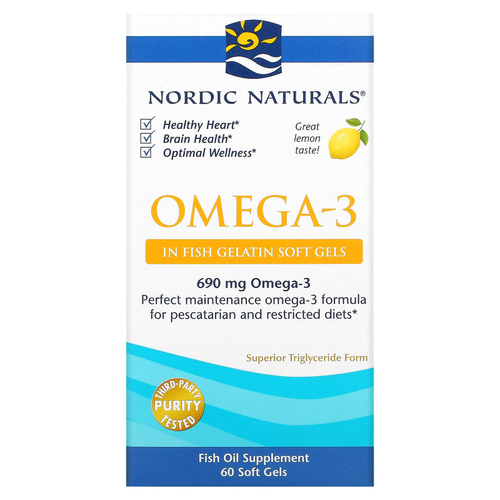 Nordic Naturals, омега-3, со вкусом лимона, 60 капсул из рыбьего желатина (345 мг в 1 капсуле)