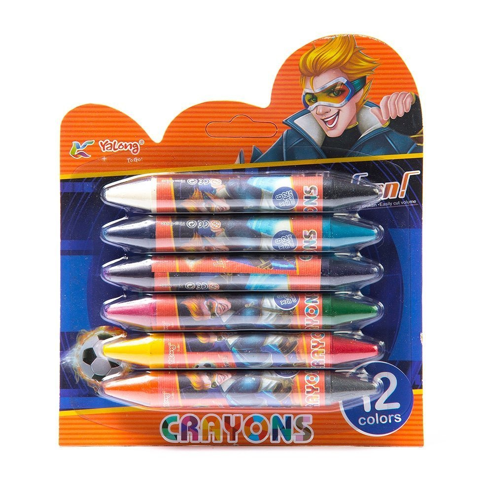 Мелки восковые Yalong, 12 цв/6 шт, "Детский mix" (принцессы,робот,гонщик), двухсторонние, диаметр 15 мм, круглые, в блистере