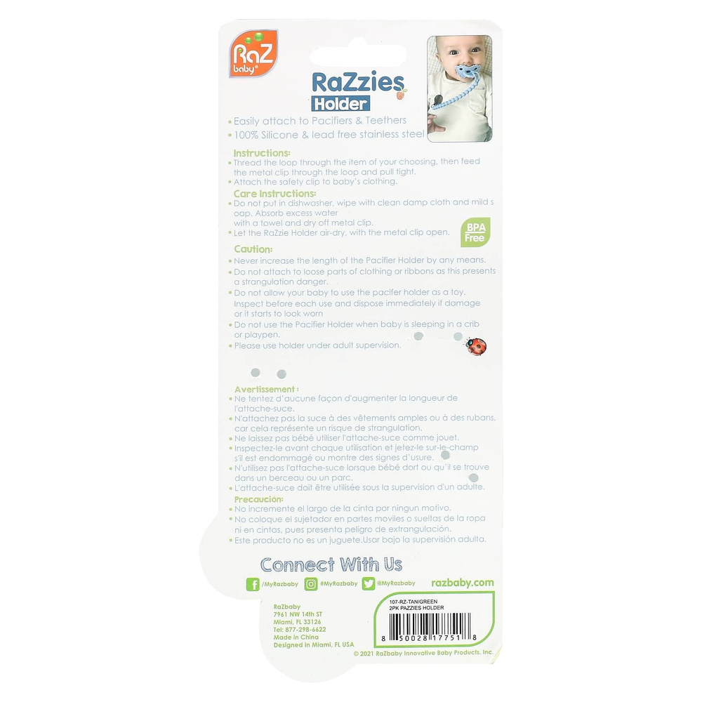 RaZbaby, RaZzies, держатель для пустышки, от 0 месяцев, зеленый / бежевый``, 2 держателя