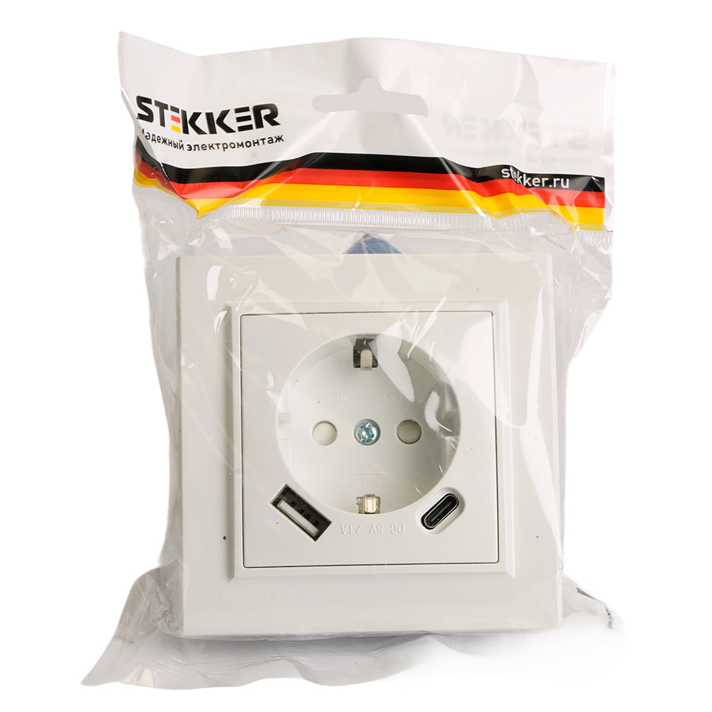 Розетка 1-местная STEKKER, PST16-9016-01, 250В, 2.1А с USB+ type C, серия Эрна, белый 50076