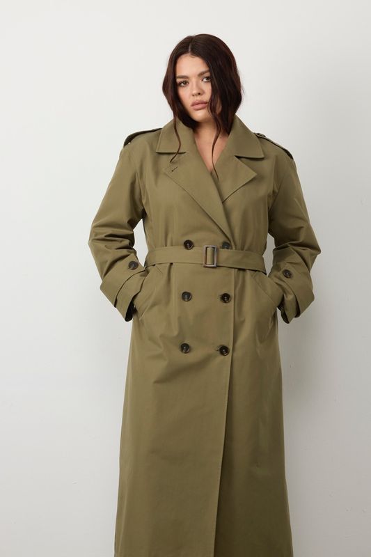 Тренч двубортный удлиненный, хаки