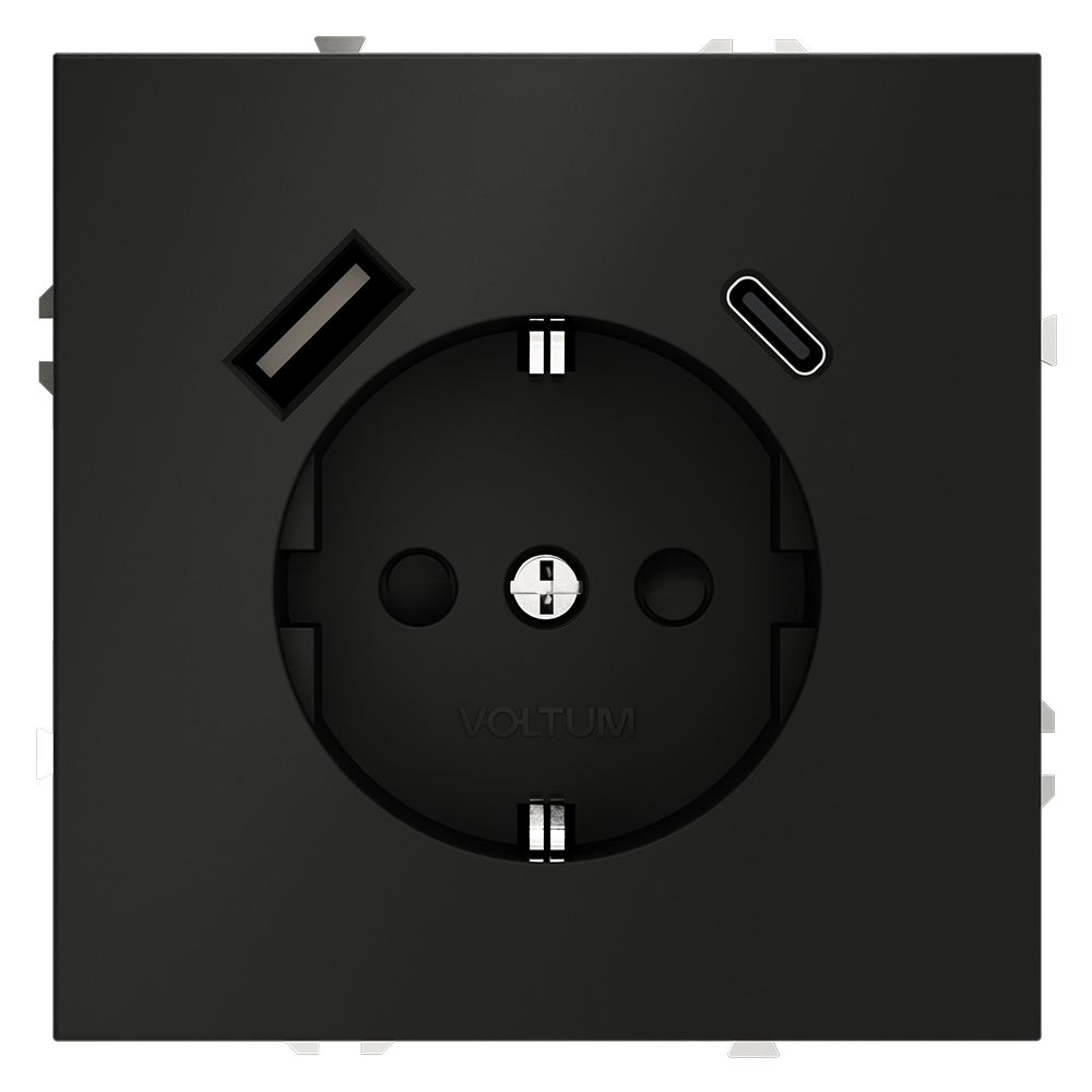 Розетка встраиваемая VOLTUM S70 с заземлением и защитными шторками, 16А, с USB, A+С, (черный матовый