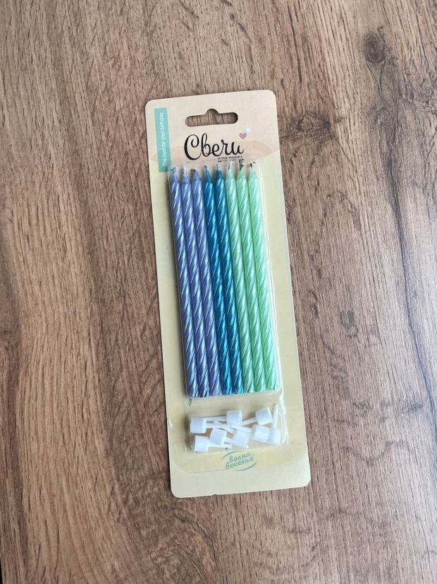 Свечи Голубой микс, Перламутр, 12 см, 8 шт. с держат.