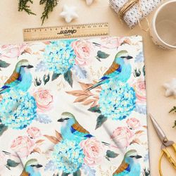 Ткань атлас голубые соцветия и птицы