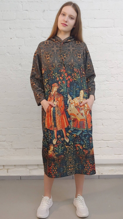 Платье с капюшоном "Концерт", по мотивам средневекового гобелена неизвестного автора