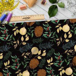 Ткань оксфорд 210 клюква, хвойные ветки, шишки и ёлочные шары