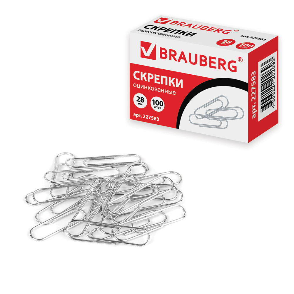 Скрепки BRAUBERG 28 мм оцинкованные 100 шт. в картонной коробке (30 штук в упаковке)