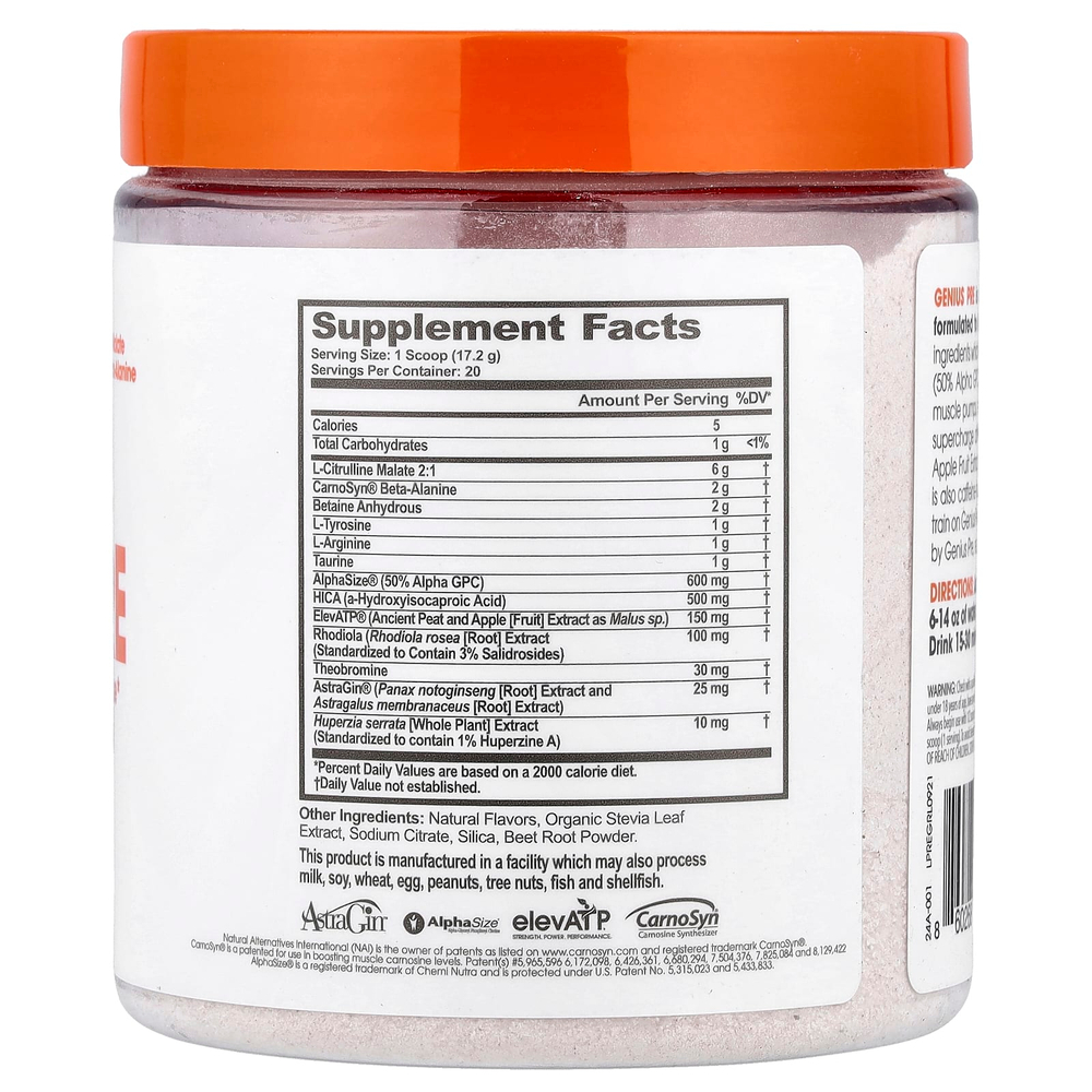 The Genius Brand, Genius Pre, виноградный лаймад, 344 г (12,13 унции)