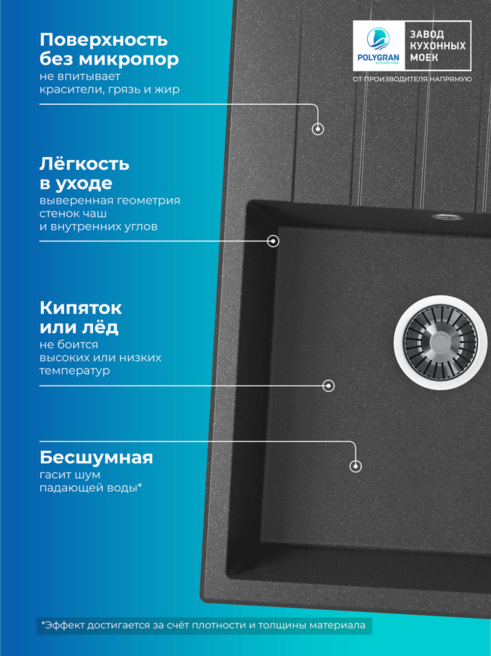 Мойка POLYGRAN DEKA-780 черный №16, смеситель DORADO черный