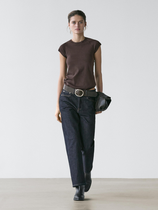 Massimo Dutti Хлопковая футболка с короткими рукавами, коричневый