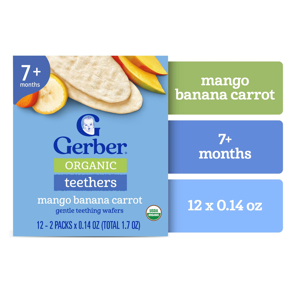 Gerber, органические прорезыватели, вафли для нежного прорезывания зубов, для детей от 7 месяцев, манго, банан и морковь, 12 пакетиков по 2 шт. в индивидуальной упаковке по 4 г (0,14 унции)