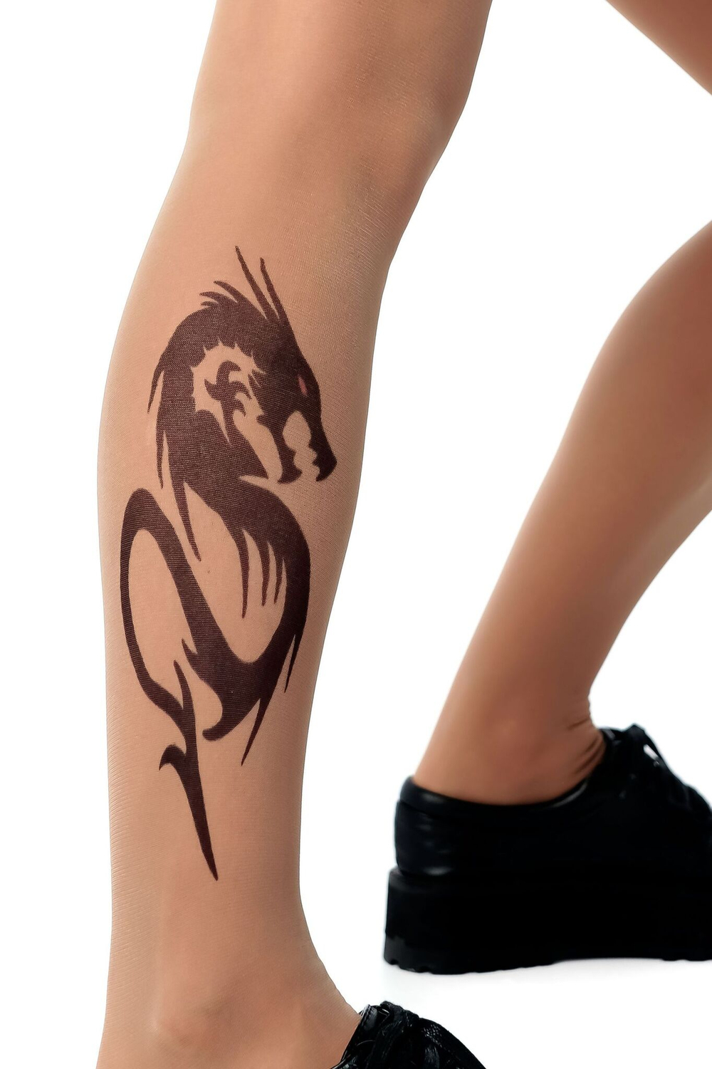 Колготки +size с принтом в виде дракона на правой ножке (Размер: XL-XXL-XXXL) (Цвет: бежевый)