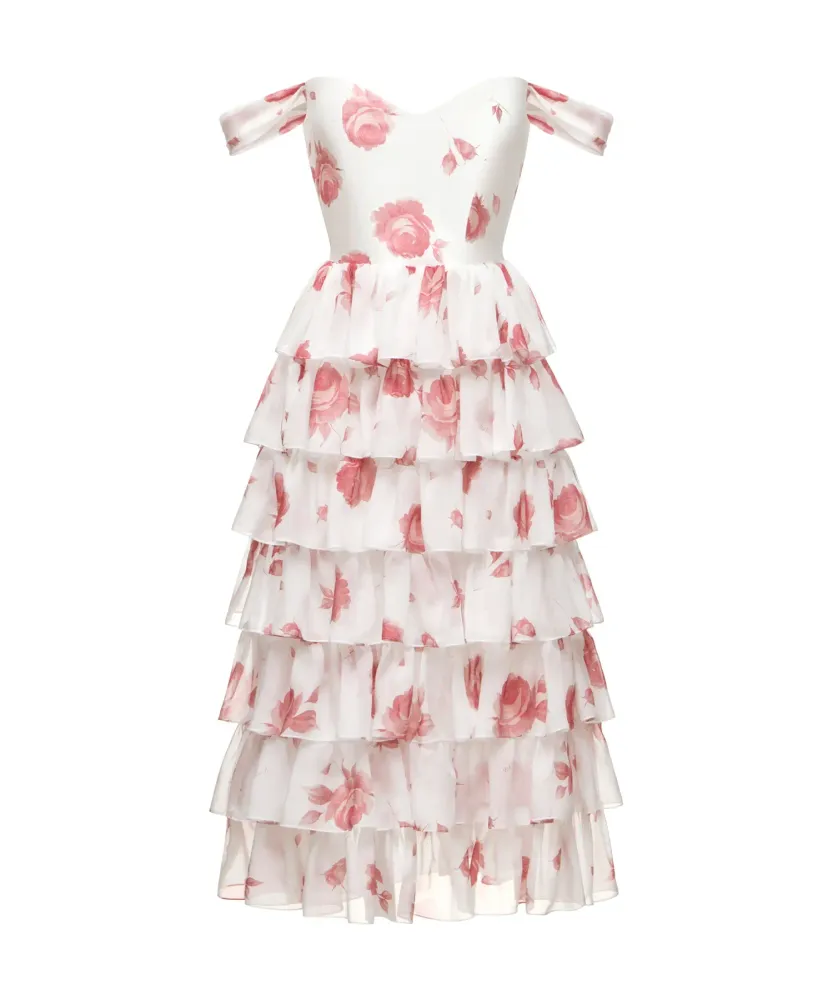 Lisen, платье корсетное миди, из шифона молочное с крупными светло-розовыми цветами